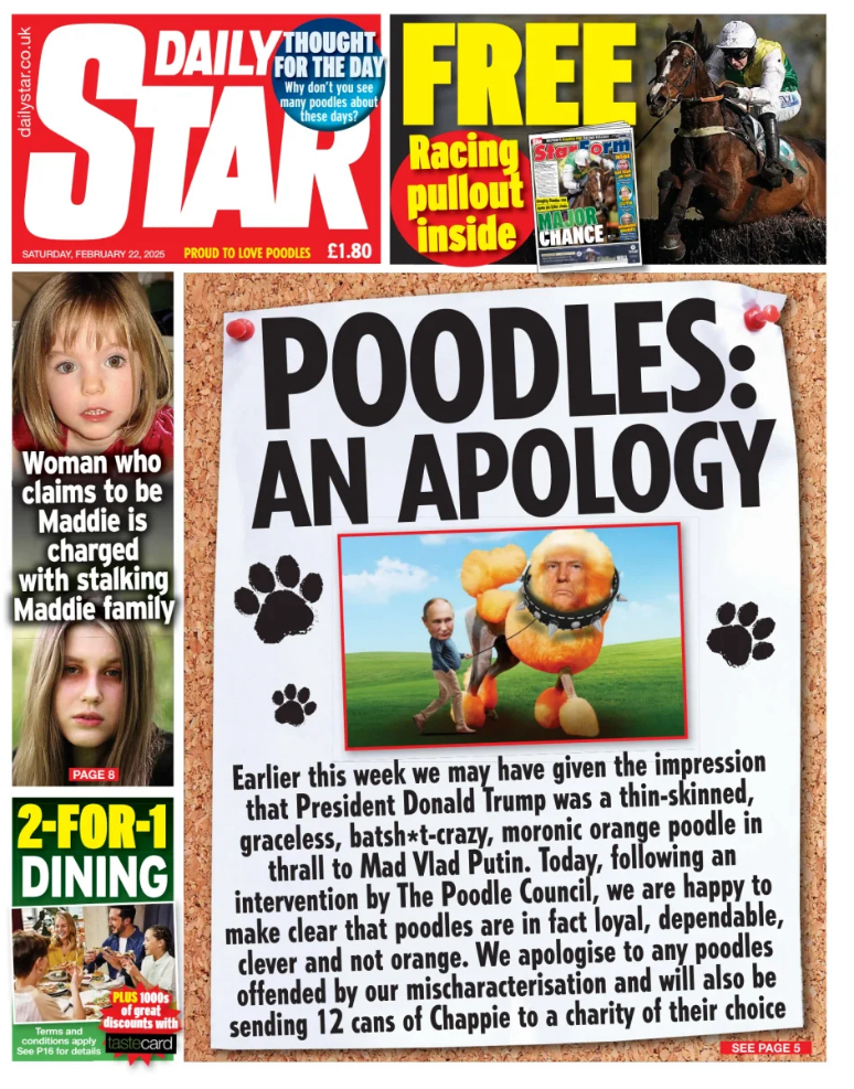 Cover of Daily Star, UK newspaper, Poodles: An Apology, with the line âproud to love poodlesâ next to the price. Cover of Daily Star, UK newspaper, Poodles: An Apology, with the line âproud to love poodlesâ next to the price.